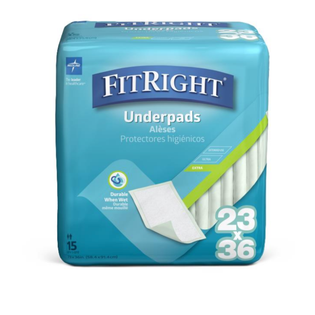 A package of Medline FitRight Underpads - Moderate or Heavy Absorbency, 23 x 36 inches, contains 15 pads. The blue and teal packaging features absorbency and odor control details, plus an image of a pad on the front.